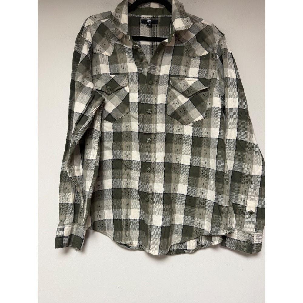 FRYE Mens Plaid Long Sleeve‎ Button Up Shirt Green Tan White Size L